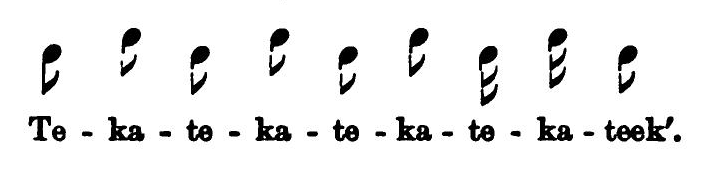 Florence Merriam Bailey's transcription of the American Redstart song as 'Te-ka-te-ka-te-ka-te-ka-teek' beneath the inline music notation.