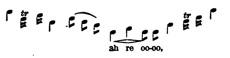 Florence Merriam Bailey's transcription of a Hermit Thrush song variation 'ah re oo-oo' in broken-song form beneath the inline music notation.